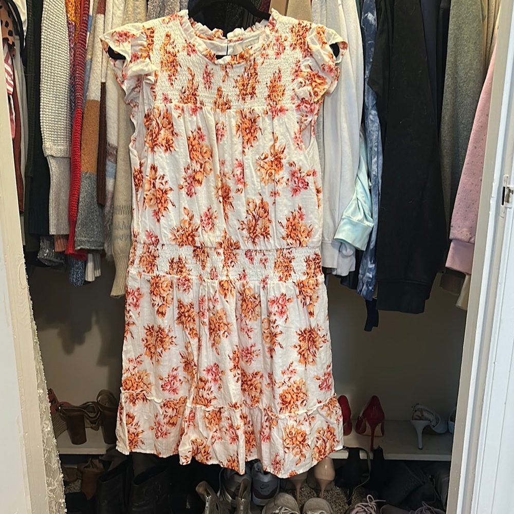 LOFT Orange and Brown Ruffled Smocked Mini Sundress